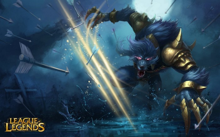 Warwick from League of Legends surrounded by arrows