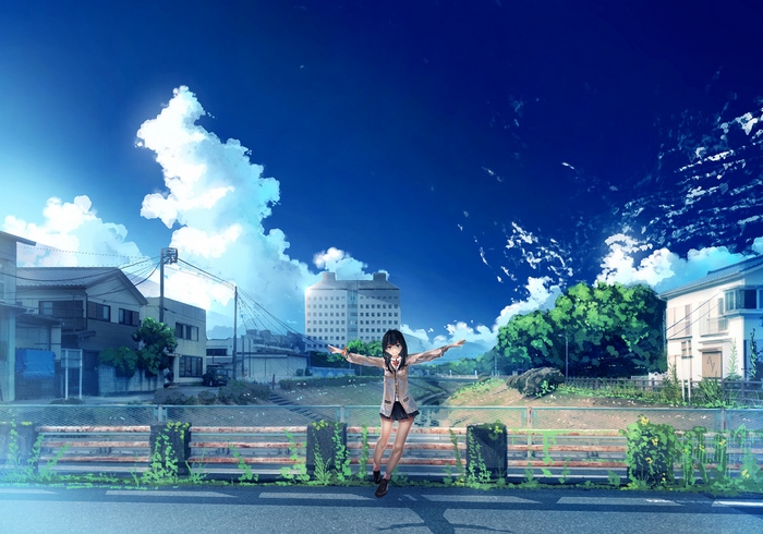 Girl in school uniform with arms outstretched