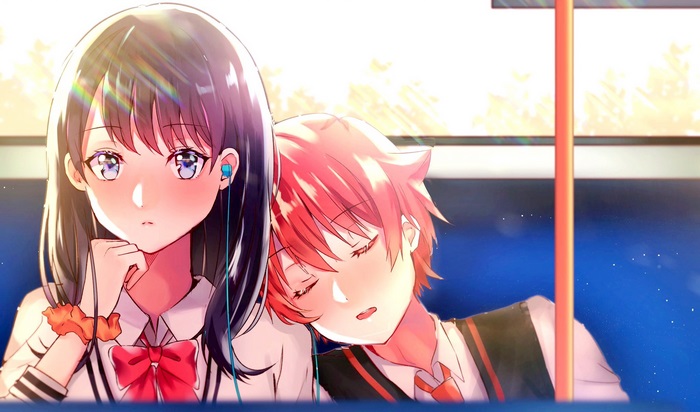 Anime couple sleeping on a bus