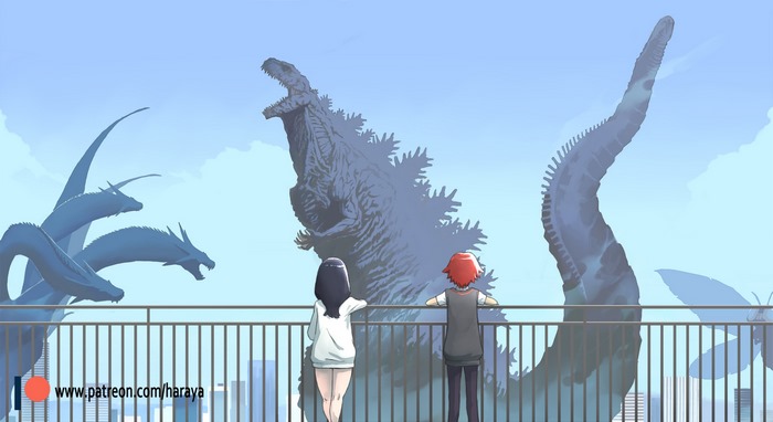 Godzilla, Ghidorah, Mothra, and two people on a rooftop