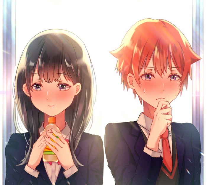 Anime girl holding a drink and shy anime boy