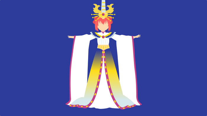 Character in ornate white and yellow robe with elaborate headdress