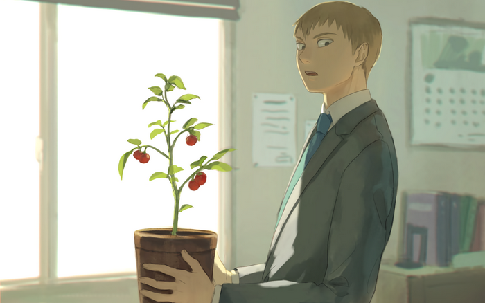 Arataka Reigen holding a potted plant