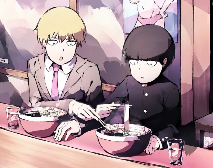 Arataka Reigen and Mob eating ramen