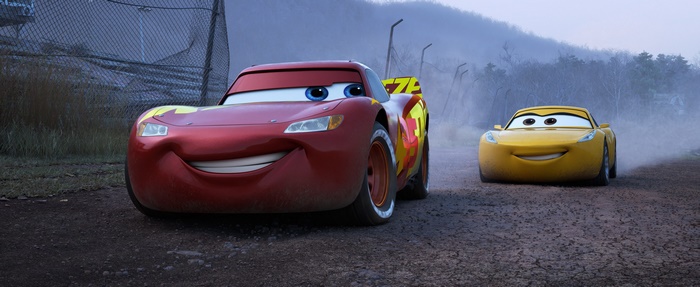 Lightning McQueen on Dirt Road with Yellow Racecar