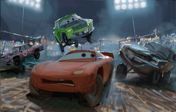 Lightning McQueen and other cars in a demolition derby
