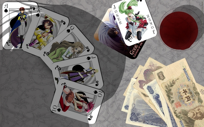 Playing cards with Code Geass characters and Japanese Yen