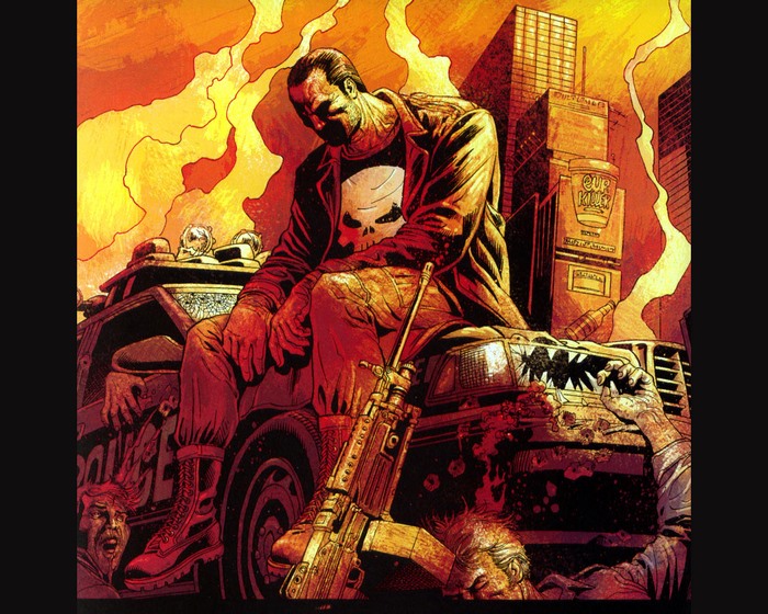 The Punisher sitting on a police car with a rifle