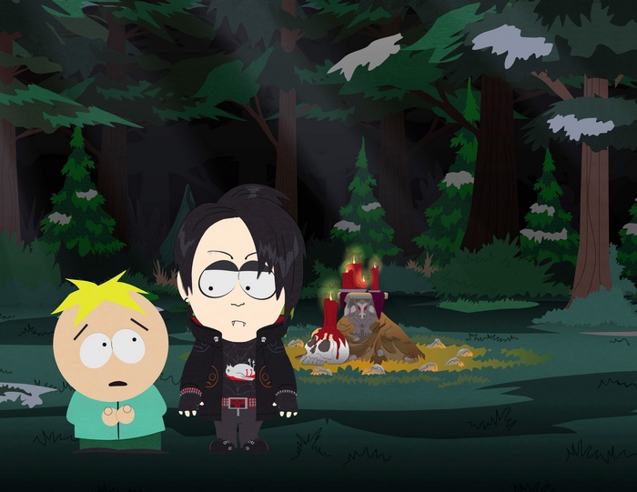 Butters Stotch and a goth character in a forest