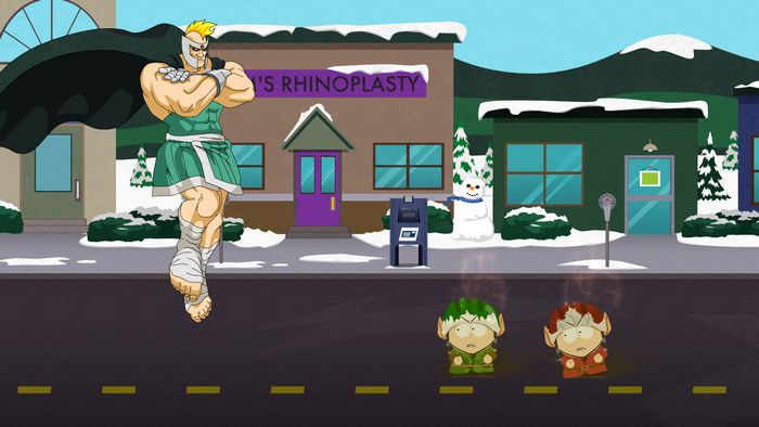 Mysterion from South Park with two elves