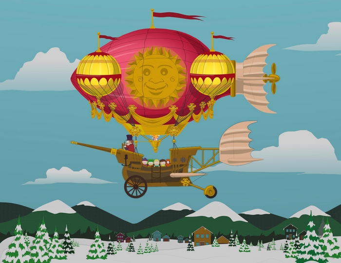 South Park characters in a steampunk airship over a snowy town
