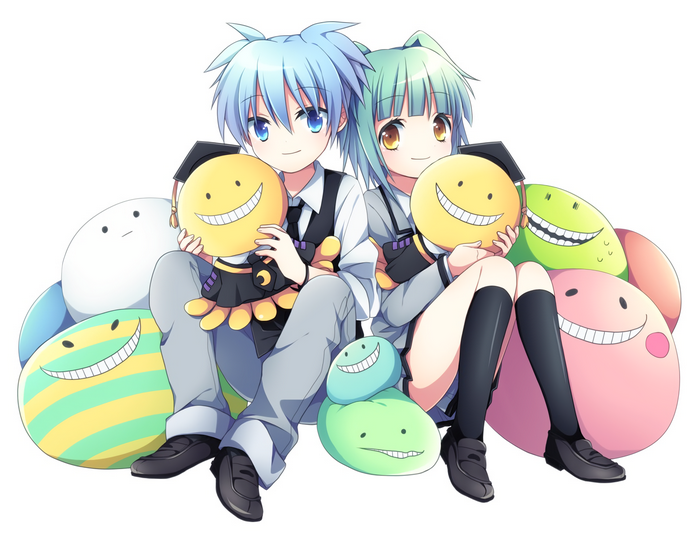 Nagisa Shiota and Kaede Kayano with Koro-sensei plushies