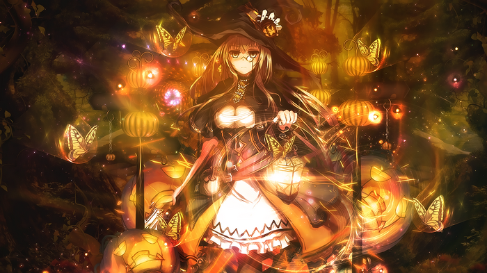 Anime witch with pumpkins and butterflies