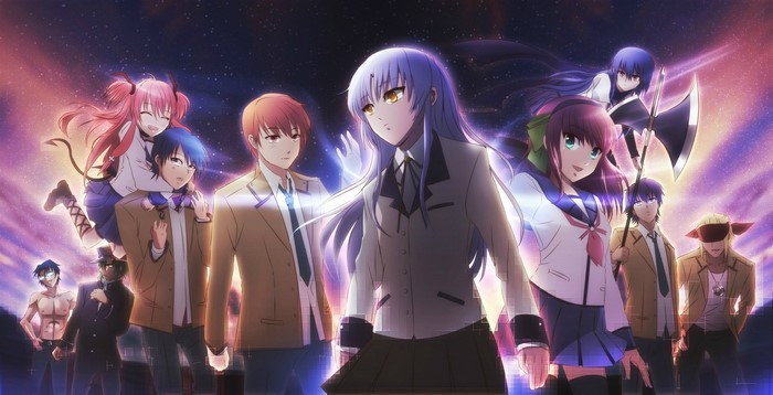 Characters from Angel Beats! in front of a starry sky