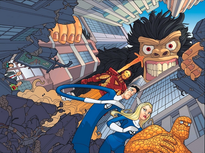 Fantastic Four and Iron Man fight a giant ape