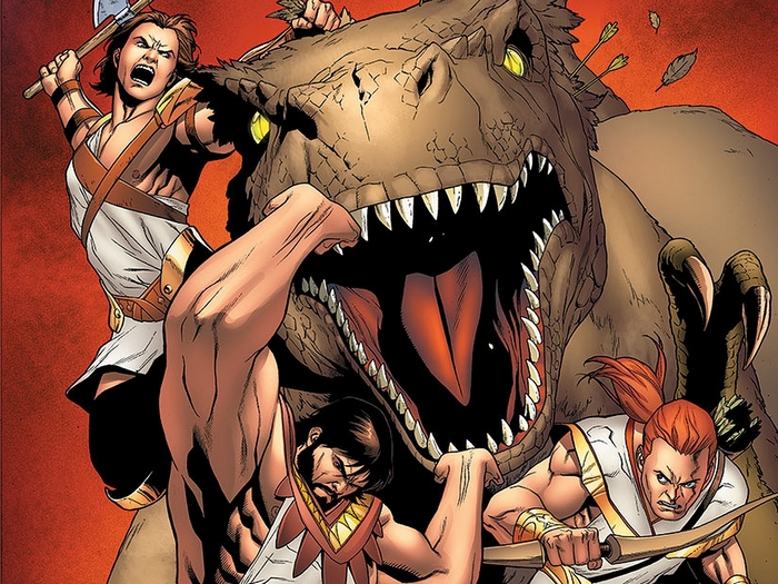 Warriors fighting a Tyrannosaurus Rex
