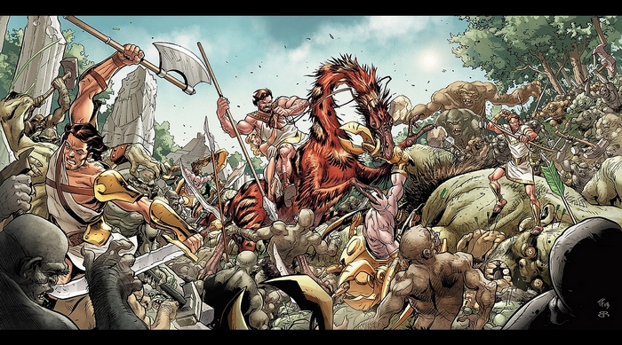 Hercules fighting monsters on a mythical creature