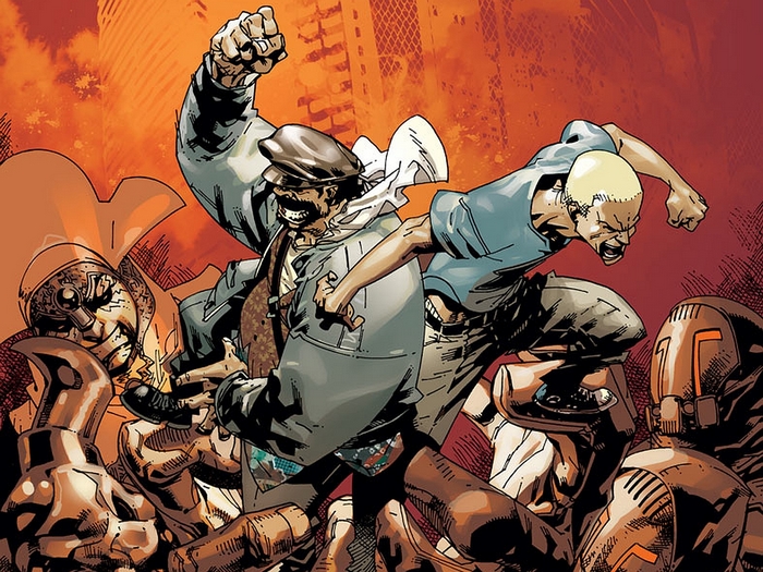 Armstrong and a young man fighting robots