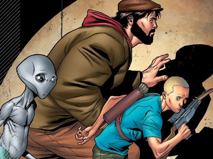 Man, Alien, and Boy with Crossbow