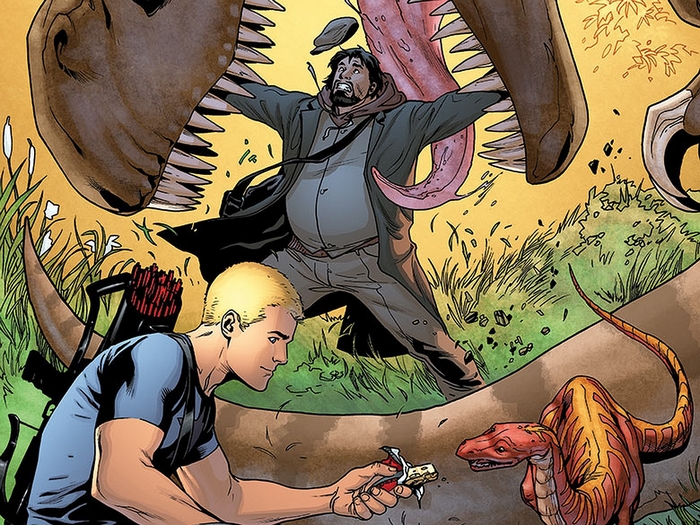 Green Arrow and a man being attacked by dinosaurs