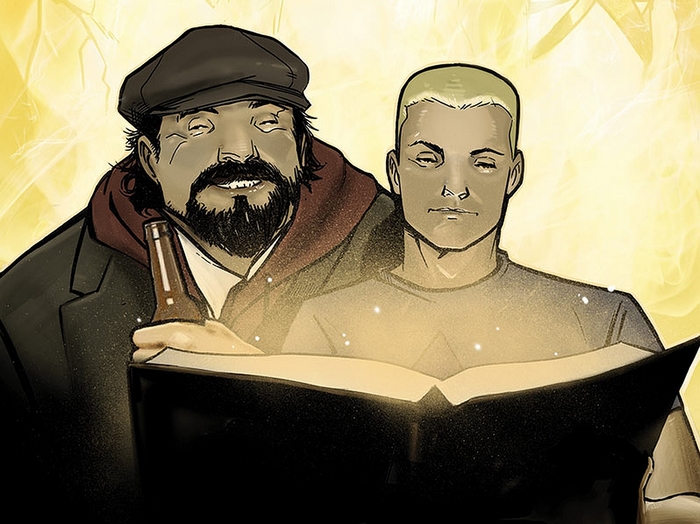 Two men reading a book