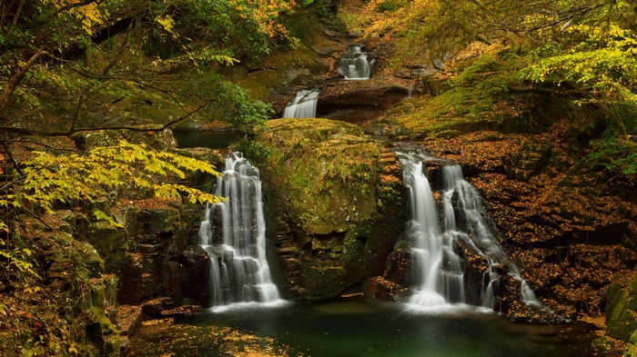 Waterfalls cascade through a forest in autumn