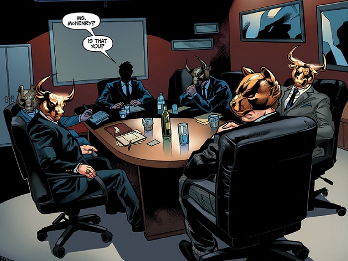 Men in animal masks in a boardroom