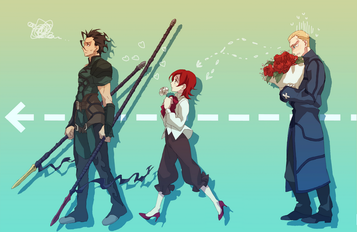 Lancer from Fate/Zero with two other characters