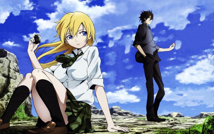 Himiko from Btooom! in a rocky landscape