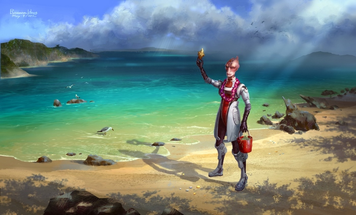 Mordin Solus from Mass Effect on a tropical beach
