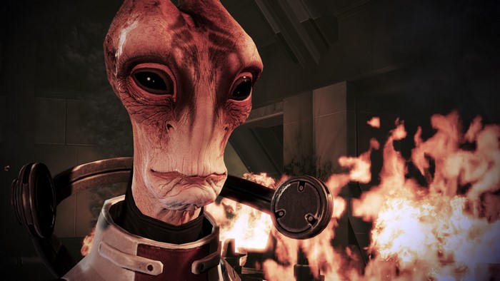 Mordin Solus from Mass Effect in front of flames