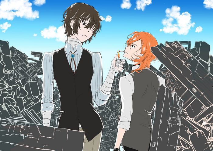 Dazai and Chuuya from Bungo Stray Dogs in ruins