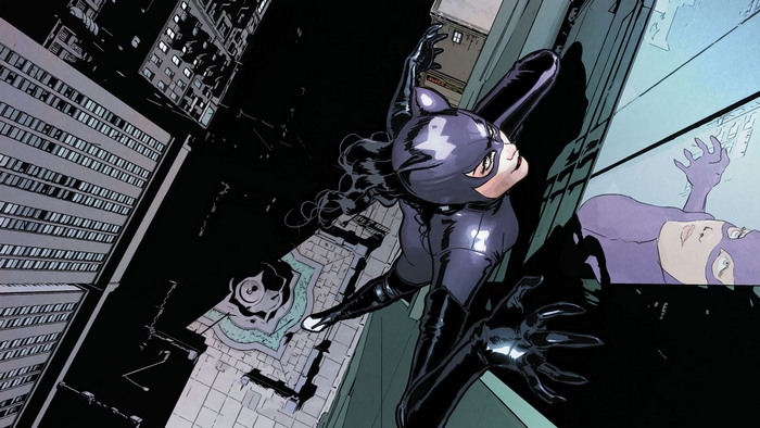 Catwoman from Batman climbing a building