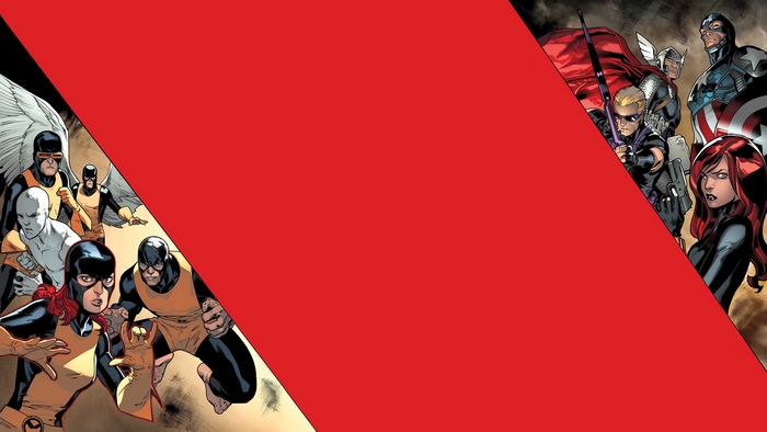 X-Men and Avengers characters on red background
