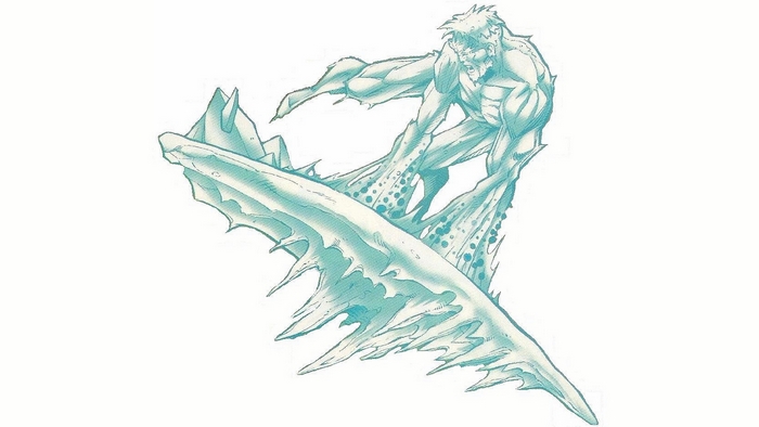 Iceman from Marvel Comics riding an ice surfboard