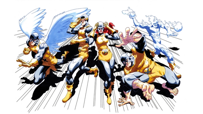 X-Men characters Iceman, Angel, Cyclops, Jean Grey, and Beast