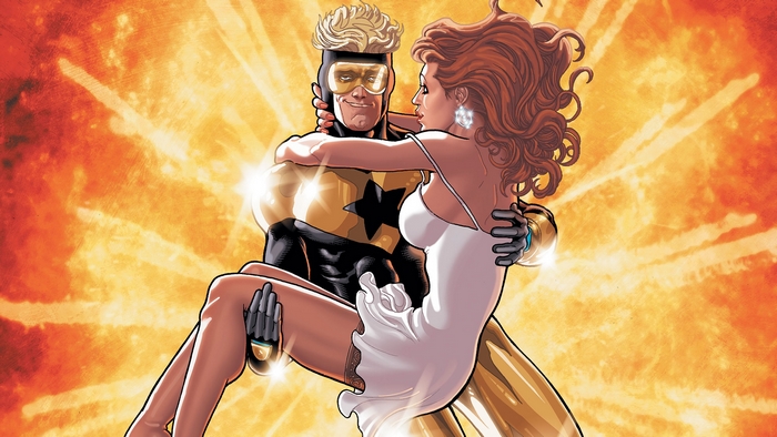 Booster Gold holding a woman