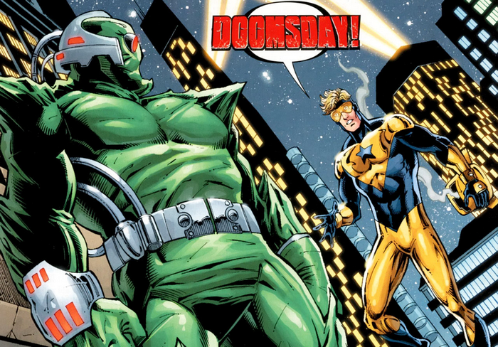 Doomsday and Booster Gold in a city