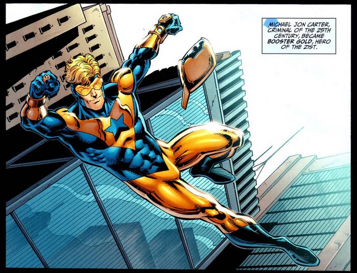 Booster Gold flying in front of skyscrapers