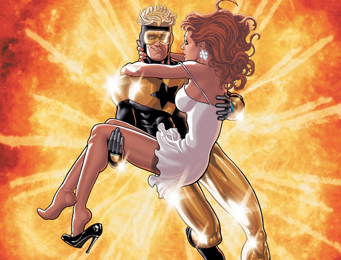 Booster Gold holding a woman