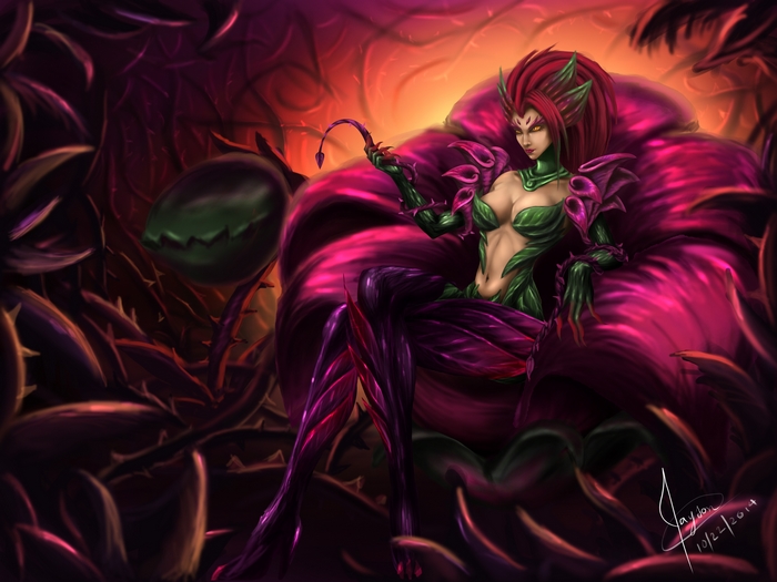 Zyra from League of Legends sitting on a flower