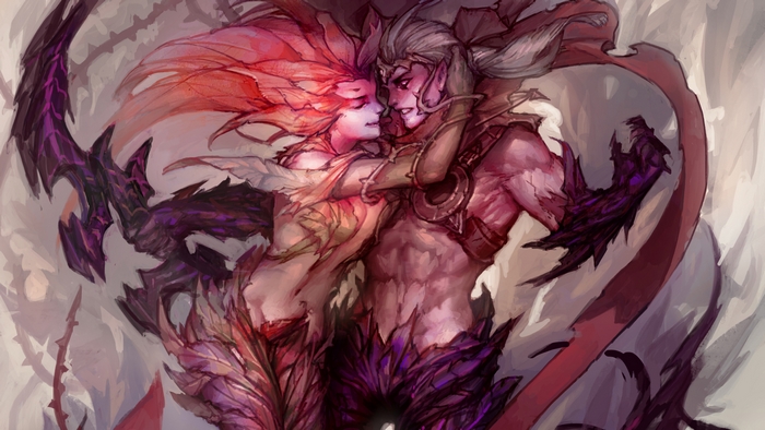 Zyra from League of Legends embracing a male character