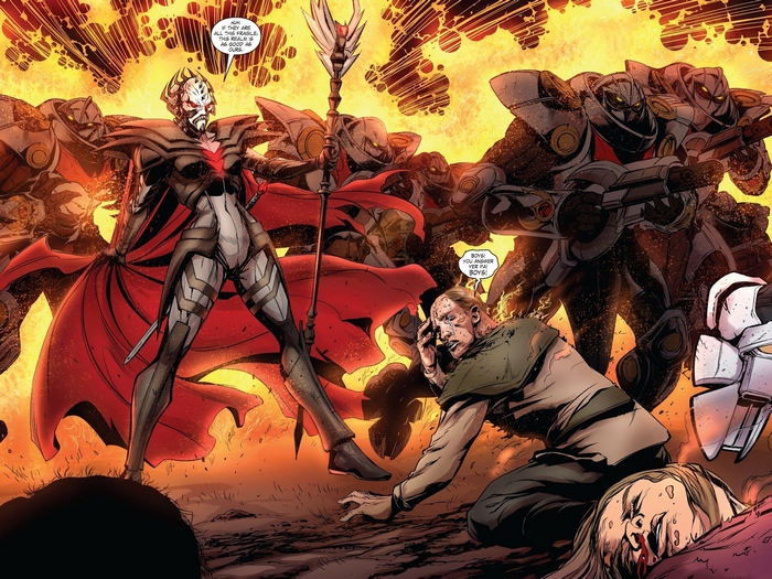 Skeletor and his army in a fiery landscape