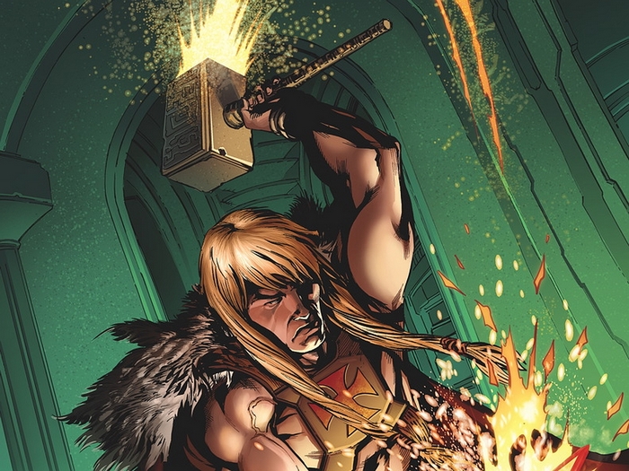 He-Man wielding a glowing hammer