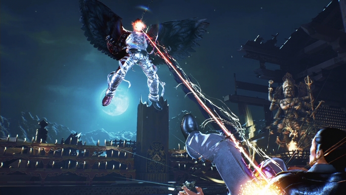 Jin Kazama from Tekken fighting in a temple at night