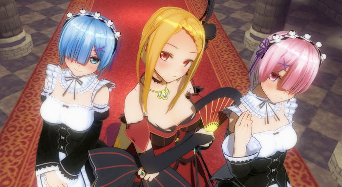 Priscilla Barielle with Rem and Ram from Re:Zero