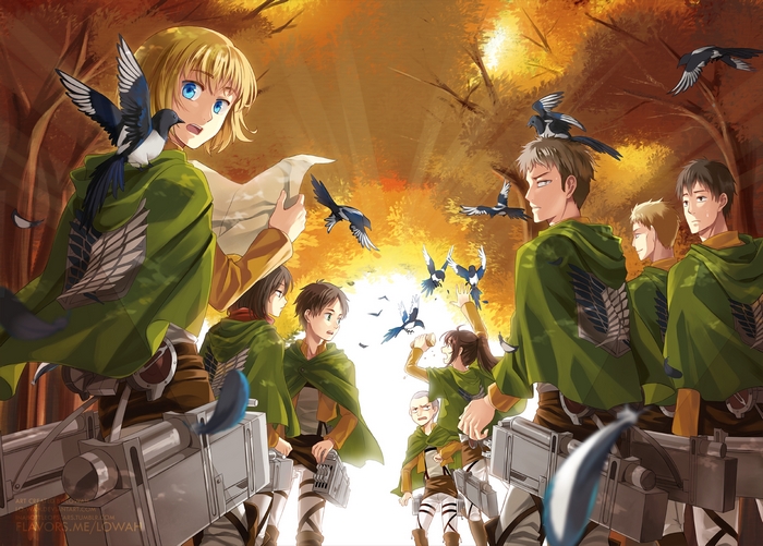 Attack on Titan characters with birds in forest