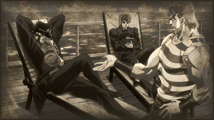 Jotaro Kujo, Joseph Joestar, and Noriaki Kakyoin relaxing on a deck