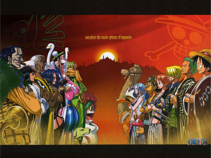 One Piece characters facing each other at sunset