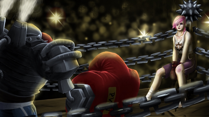 Blitzcrank and Vi from League of Legends in a boxing ring
